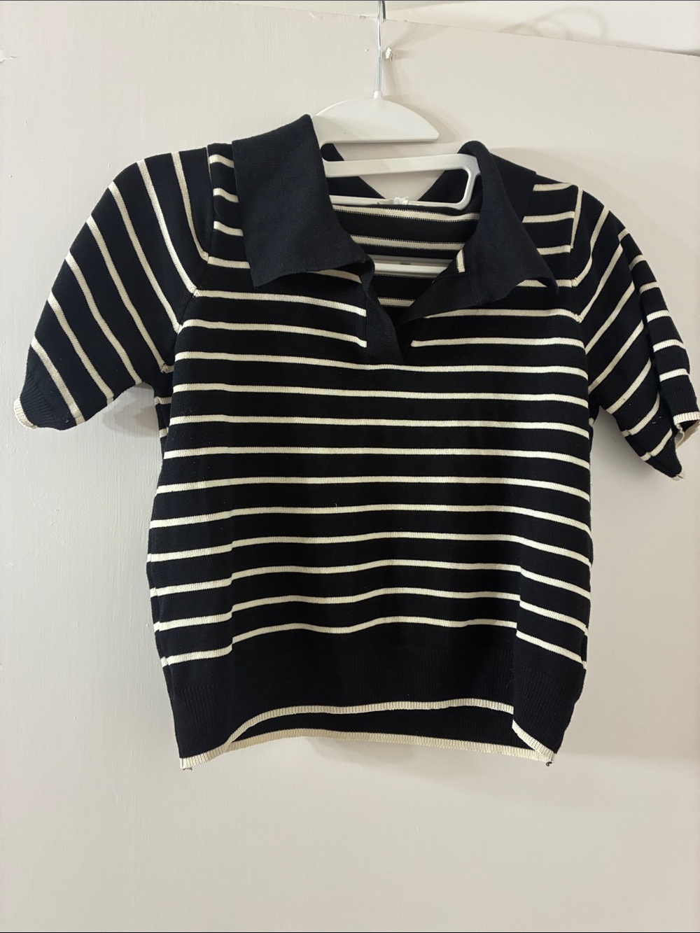 Striped Black & White Polo Knit Top